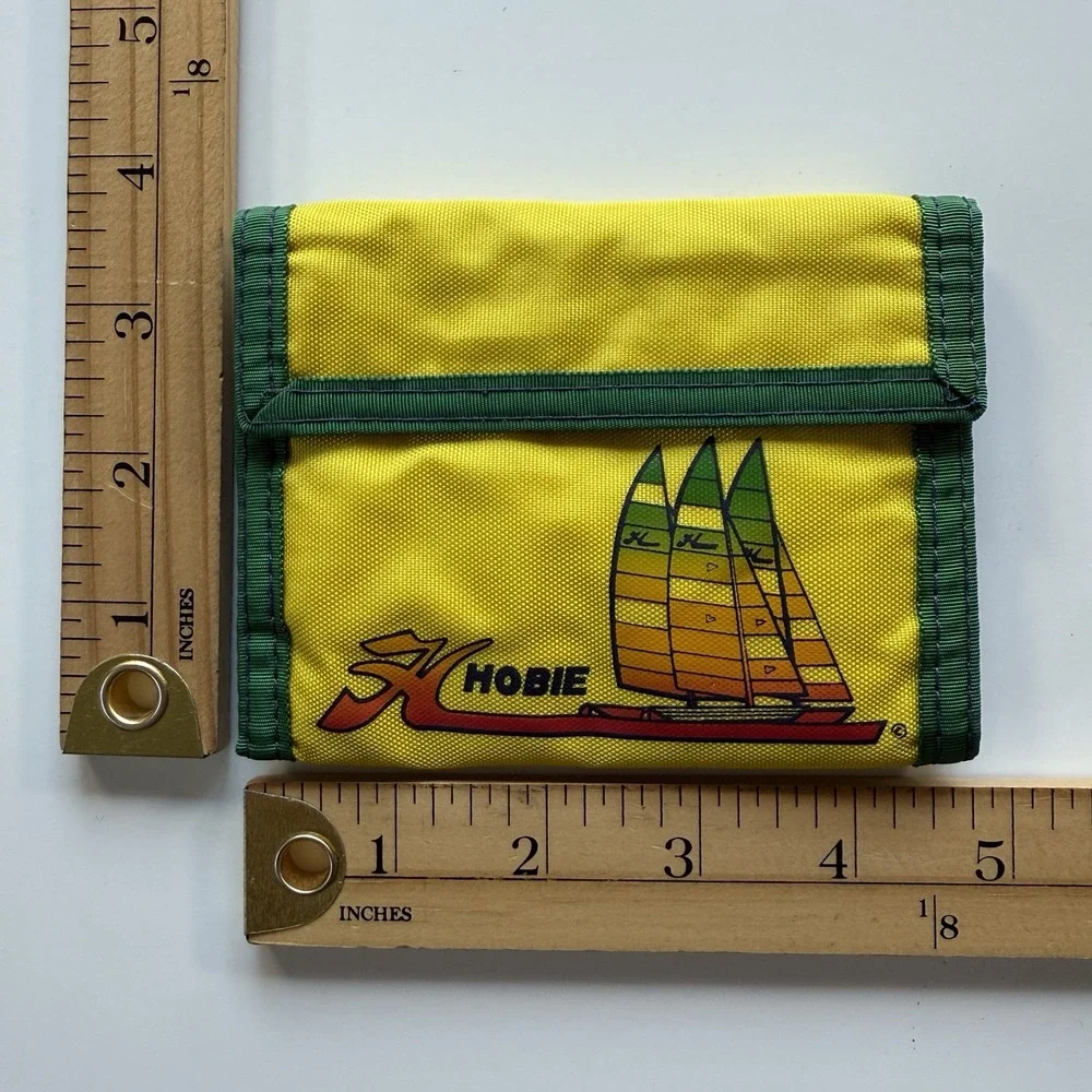 Vintage 1980s‎ HOBIE Logo Sailboat Nylon Tri-Fold Wallet Yellow Green Surf Ocean